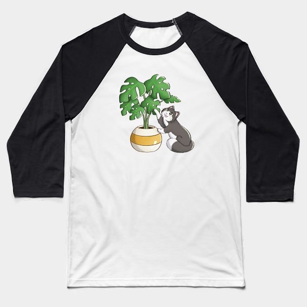 Cat Playing With Monstera Leaf Baseball T-Shirt by Meowrye